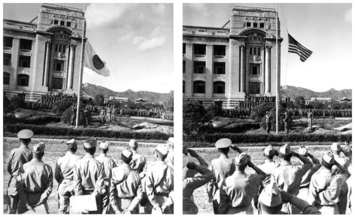 Bandeira dos Estados Unidos é hasteada na parte sul da peníncula coreana após a rendição do Império Japonês